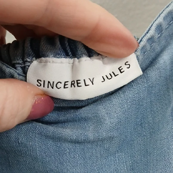 Sincerely Jules Denim Romper Shorts Skort Tie Waist Boho Light Blue Sz Small - Picture 7 of 7